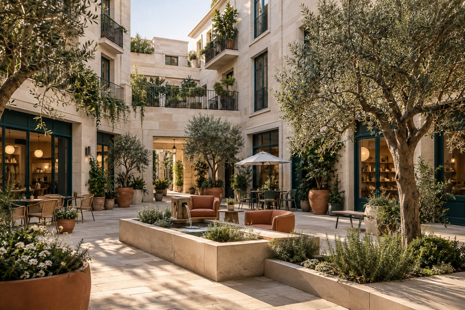 Illustrated shared residential and commercial courtyard