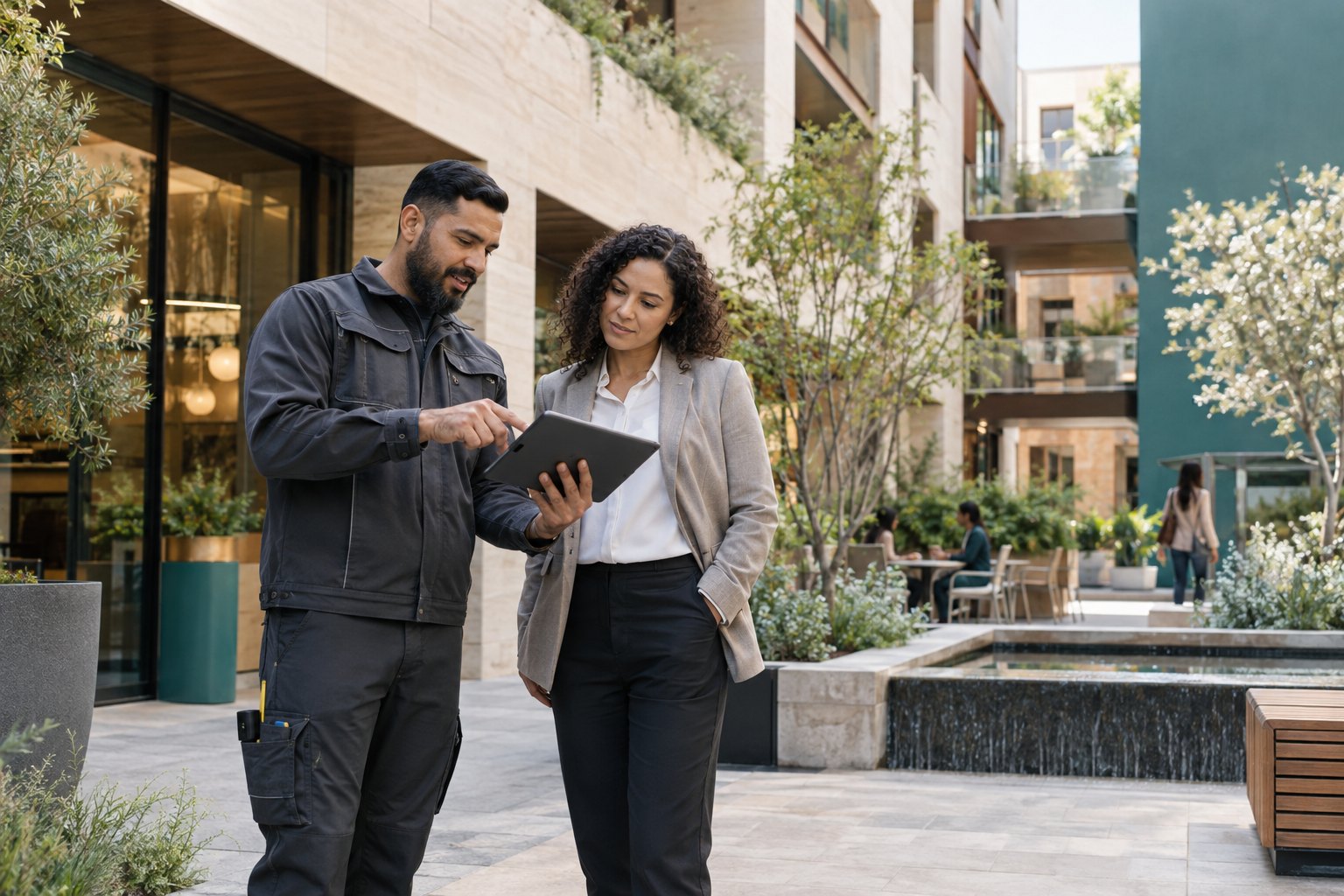 Conceptual scene of a service professional and property manager reviewing work
